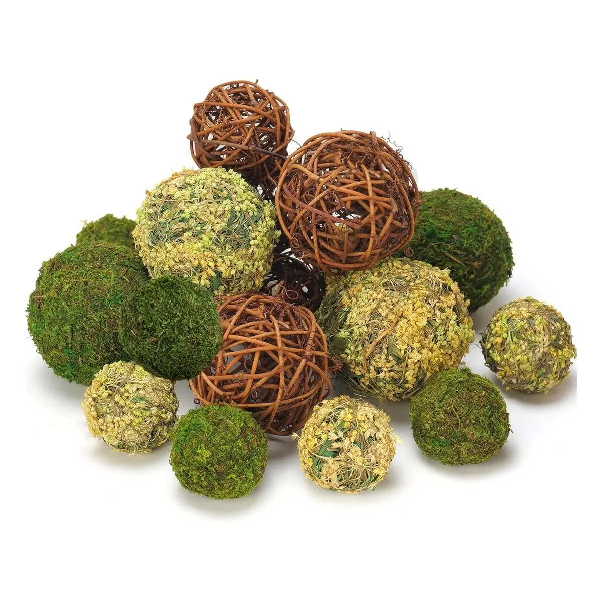 18pcs Farmhouse Decorative Balls Set - 5cm & 9cm Fake Moss, Wicker Rattan Pieces, Vase Bowl Filler for Home Garden Wedding Decor (Fresh Green, Rustic Brown), Centerpiece