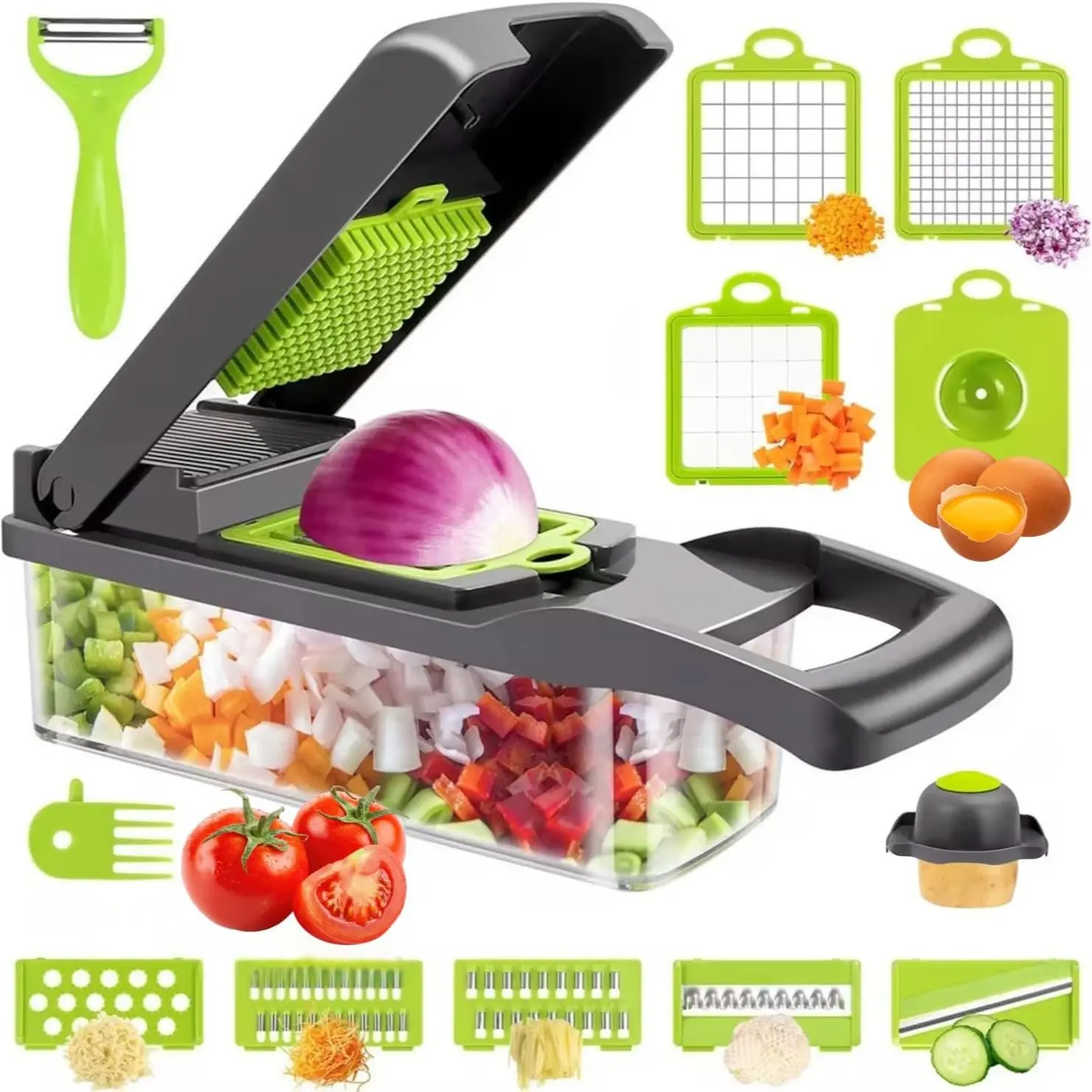 16-In-1 Vegetable Chopper, Veggie Cutter, Multi-Functional Food Slicer, Dicer, Grater with Container, Safety Design, Ideal for Potatoes and Tomatoes