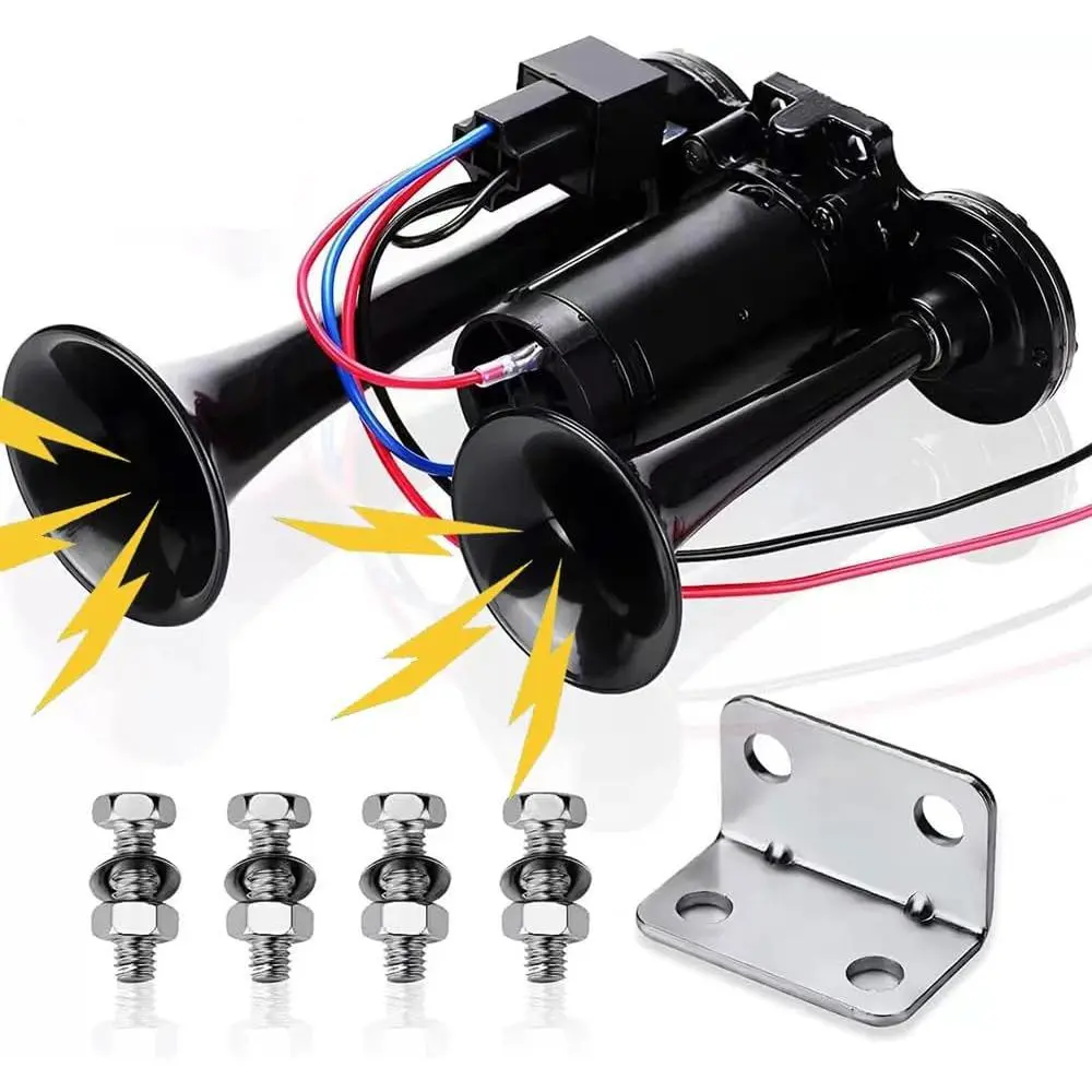 12V 600DB Super Loud Dual Electric Air Horn Kit with Compressor, Installation Bracket, Plastic Construction – 1 Set for 12V Vehicles (SUV, Car, Motorcycle), Boats, Rainy Days Use (Black), Trains