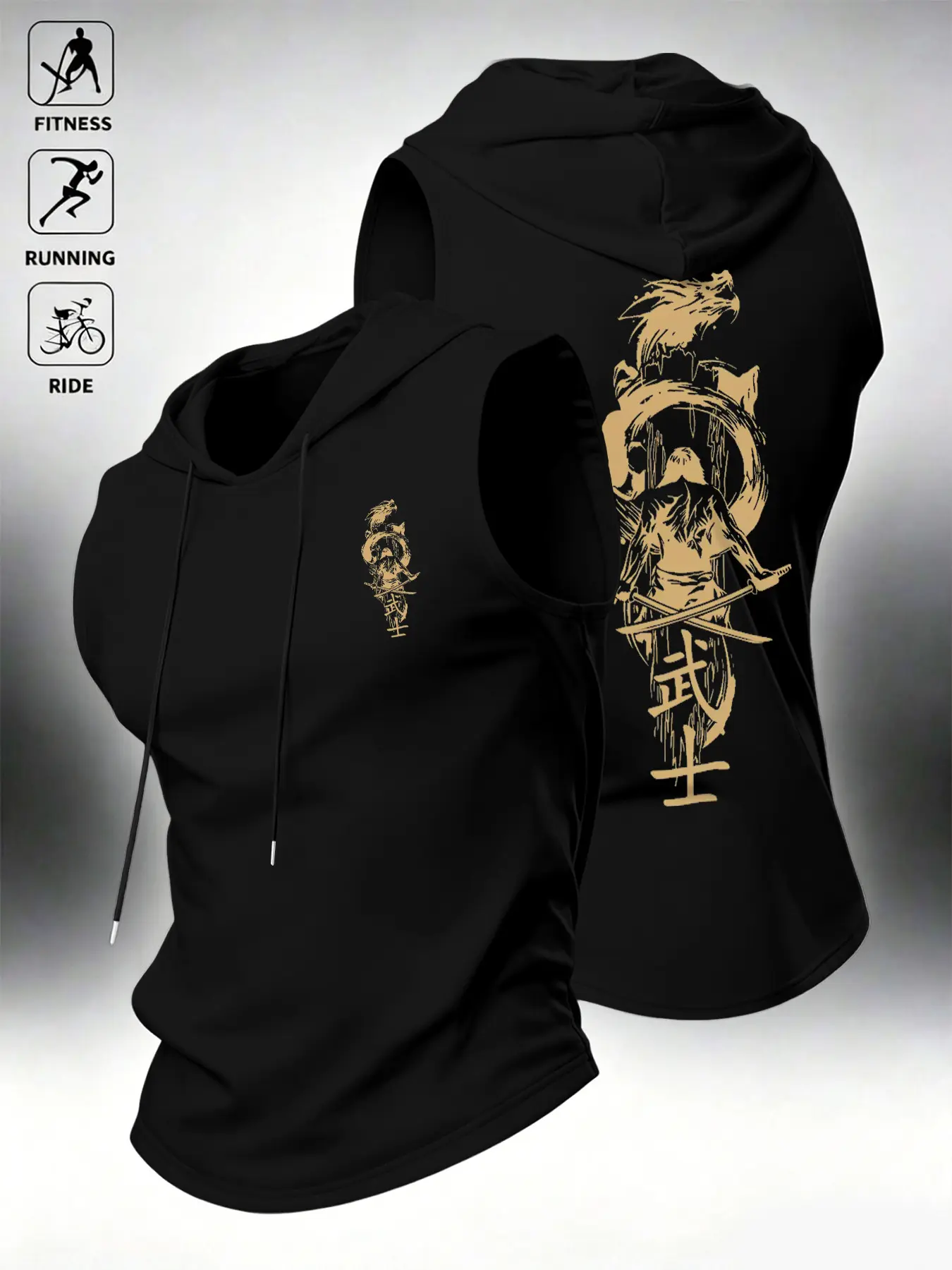 Japanese Style Samurai Print Hooded Tank Top, Men's Fitness Running Cycling Training Vest, Sleeveless Hoodie for Sports, Athletic Tank Tops