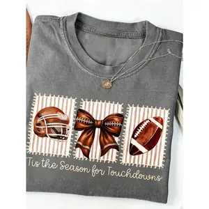 Washed Summer Top| Comfortable Fabric, Bowknot Print Pattern, Football Shirt, Touchdown Season, Retro Game Day Shirt, Soccer Mom Gift, Soccer Mom Season Shirt, Local Warehouse