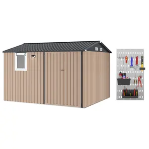 10x 8 FT Outdoor Storage Shed with Pushable Window, Garden Metal Shed with Solar LED Light & Built-in Pegboard, Large Garden Tool Shed with Sloped Roof and Lockable Door for Backyard Patio, Brown/White/Black(2 Boxes)