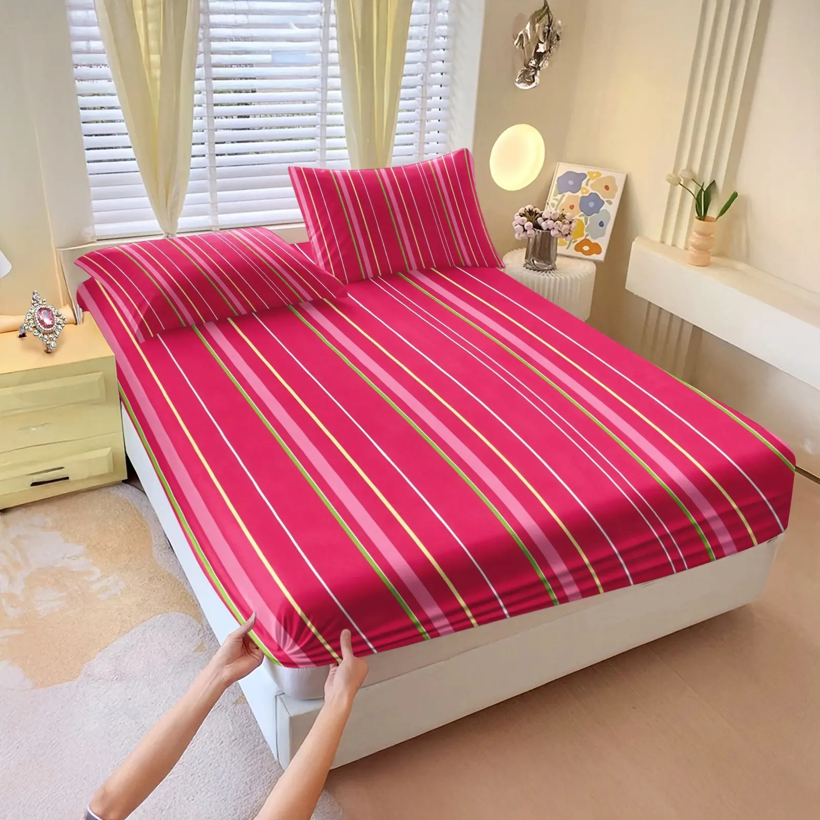 Colorful Vertical Stripe Fitted Sheet, Non-Slip Snug Fit No Shifting, Wear-Resistant Washable Mattress Dust Cover, Decorative Bedsheet Sets
