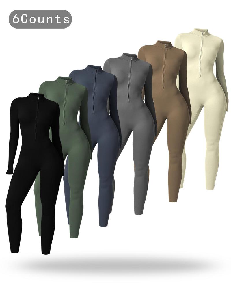 Women's Half-Zip Mock Neck, Comfy Breathable Long Sleeve One-Piece For Gym, Workout Jumpsuits, Stretchable Activewear