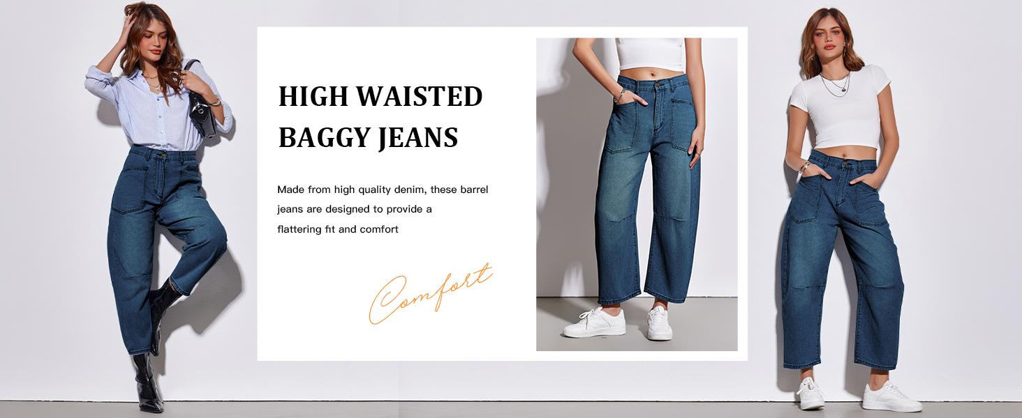 Imily Bela Women’s Baggy Barrel  High Waisted Wide Leg Cropped Denim Pants, Trendy Boyfriend Fit Y2K Casual Streetwear Denim Womenswear Jeans Jeans Bottoms Bottoms Bottoms Minimalist Bottoms Minimalist