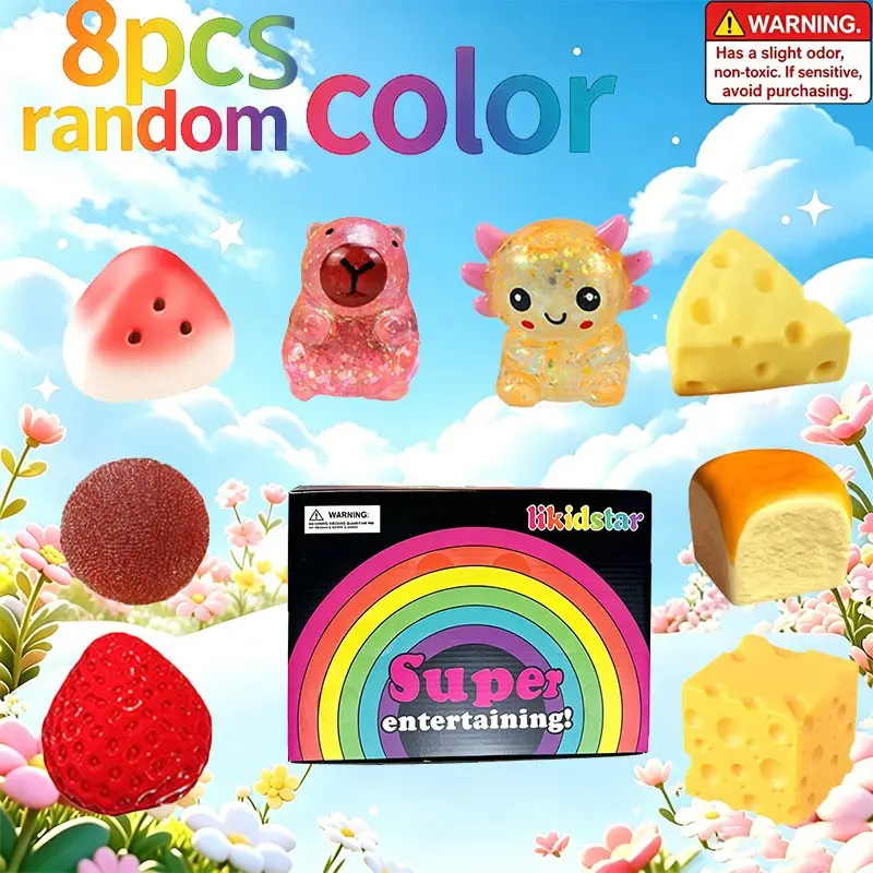 8 Piece Fruit Animal Stress Relief Toy Set, Tpr Glitter Finger Toys, Desk Sensory Toy, Kids Party Gift, Classroom Reward Box