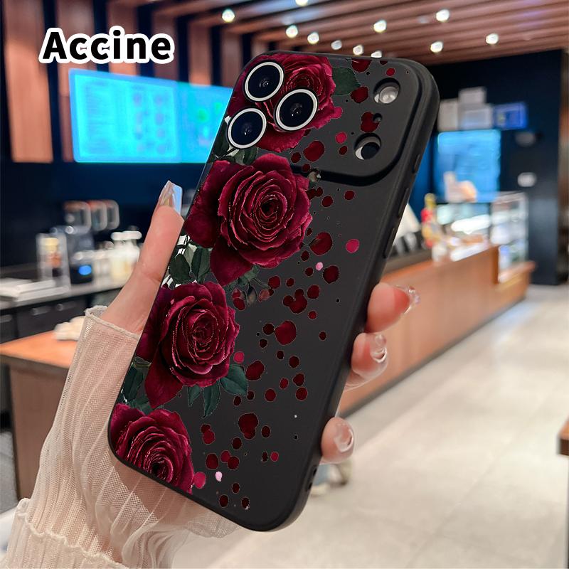 Straight Edge Phone Case for iPhone 17 15 16 14 Pro Max 13 12 11 XR XS Plus Air E Blooming Ruby Roses Pattern Anti-Scratch Shockproof Soft Liquid Silicone Protective Cover Smartphone Casing