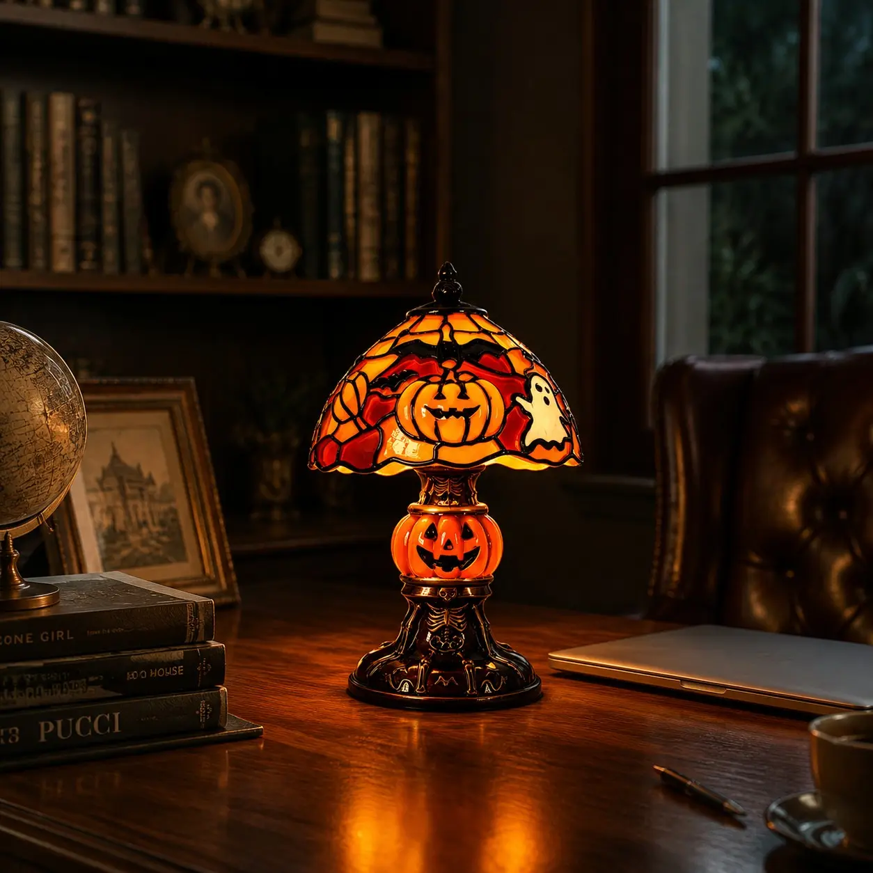 Halloween Pumpkin Lamp, Ghost Bat Pumpkin Pattern Decorative Table Light, Vintage Spooky Night Light for Bedroom Living Room, Halloween Home Decor Gift, Artistic Table Lamps