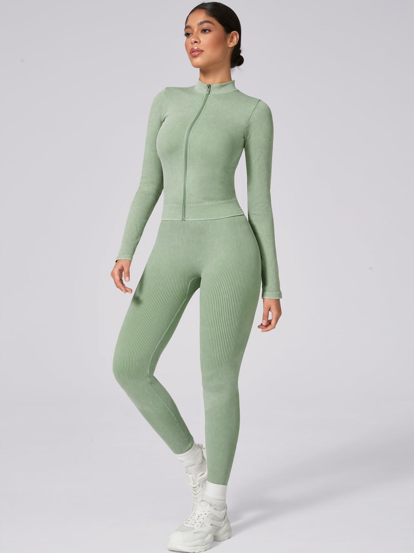 Women's Plain Tracksuit Set, Sports Zip Up Crop Jacket & High Waist Leggings, Ladies Spring & Fall Clothes, Gym Wear, Yoga Suit Outdoor