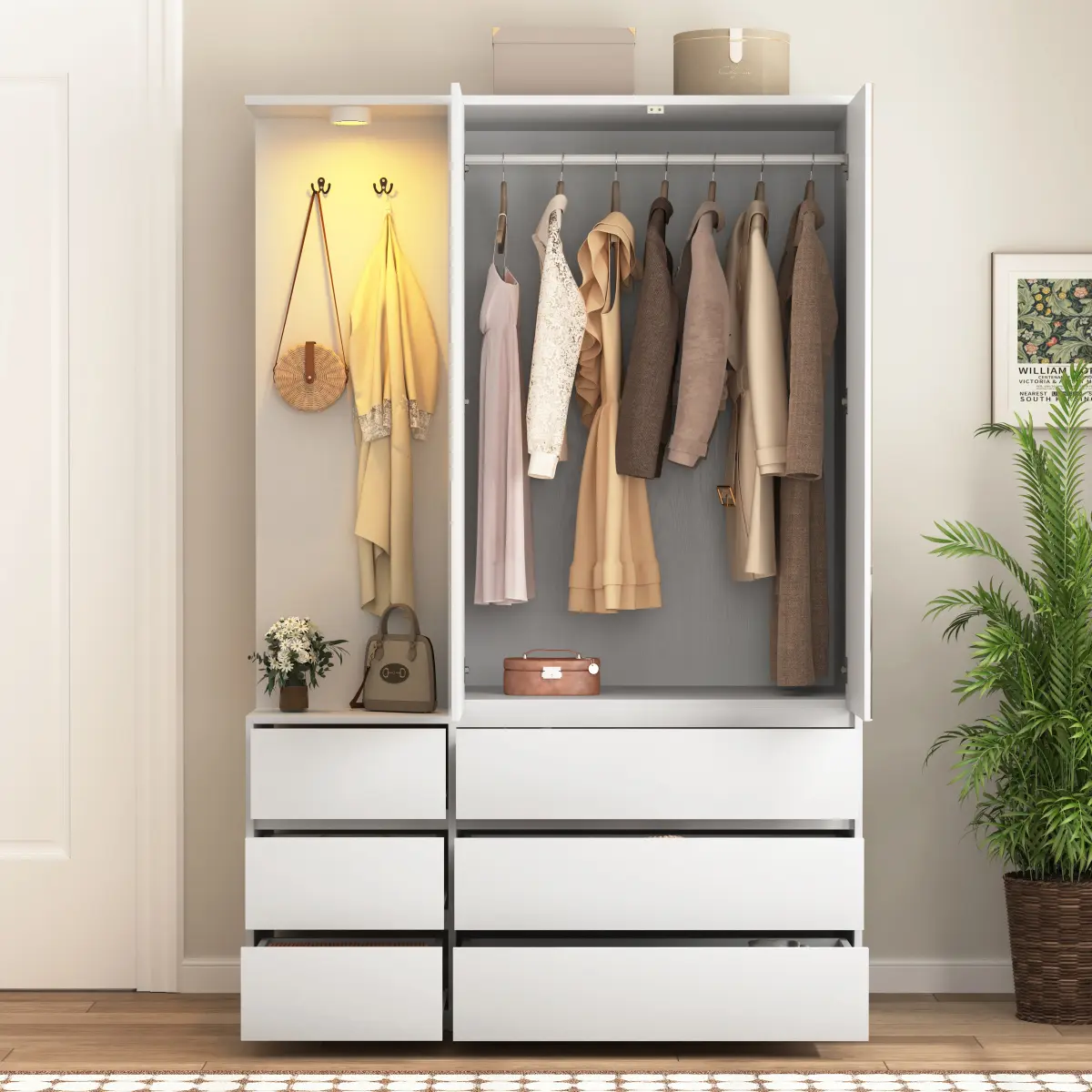 71.7" H Wooden Wardrobe Closet with 2 Doors & 6 Drawers – Modern Clothing Storage Cabinet with Shelves and Hanging Rail, Sturdy Freestanding Organizer for Bedroom, White