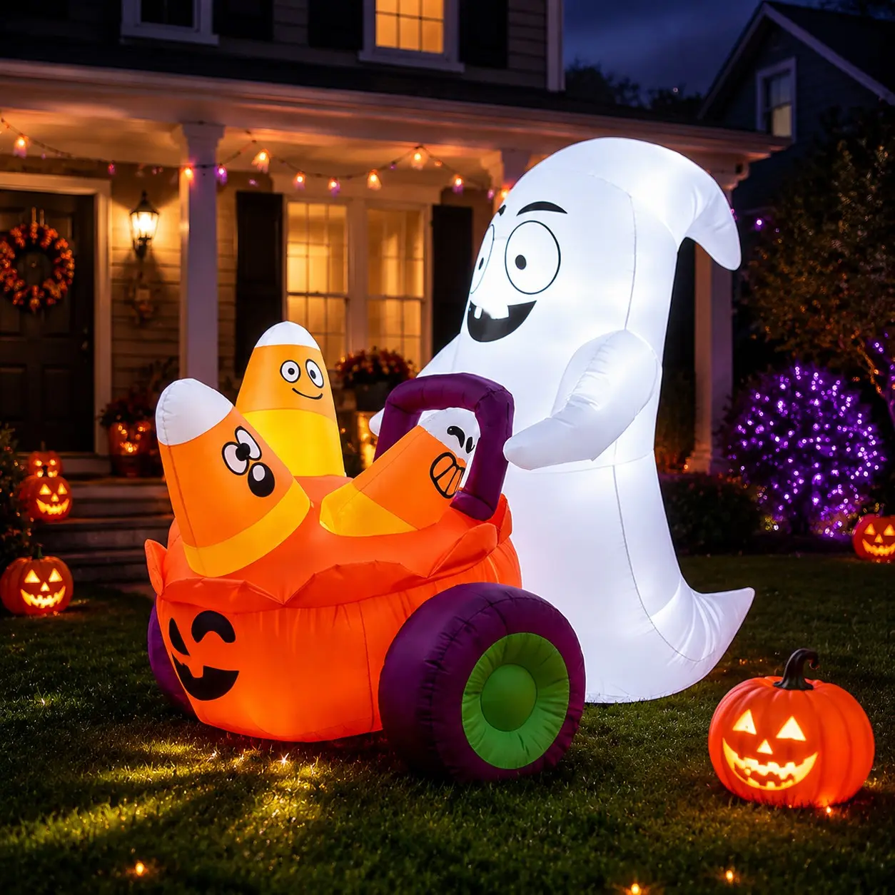 1.5m Halloween Inflatable Ghost Pumpkin Car, LED Light Candy Corn Cartoon Yard Decoration, Festive Outdoor Ornament