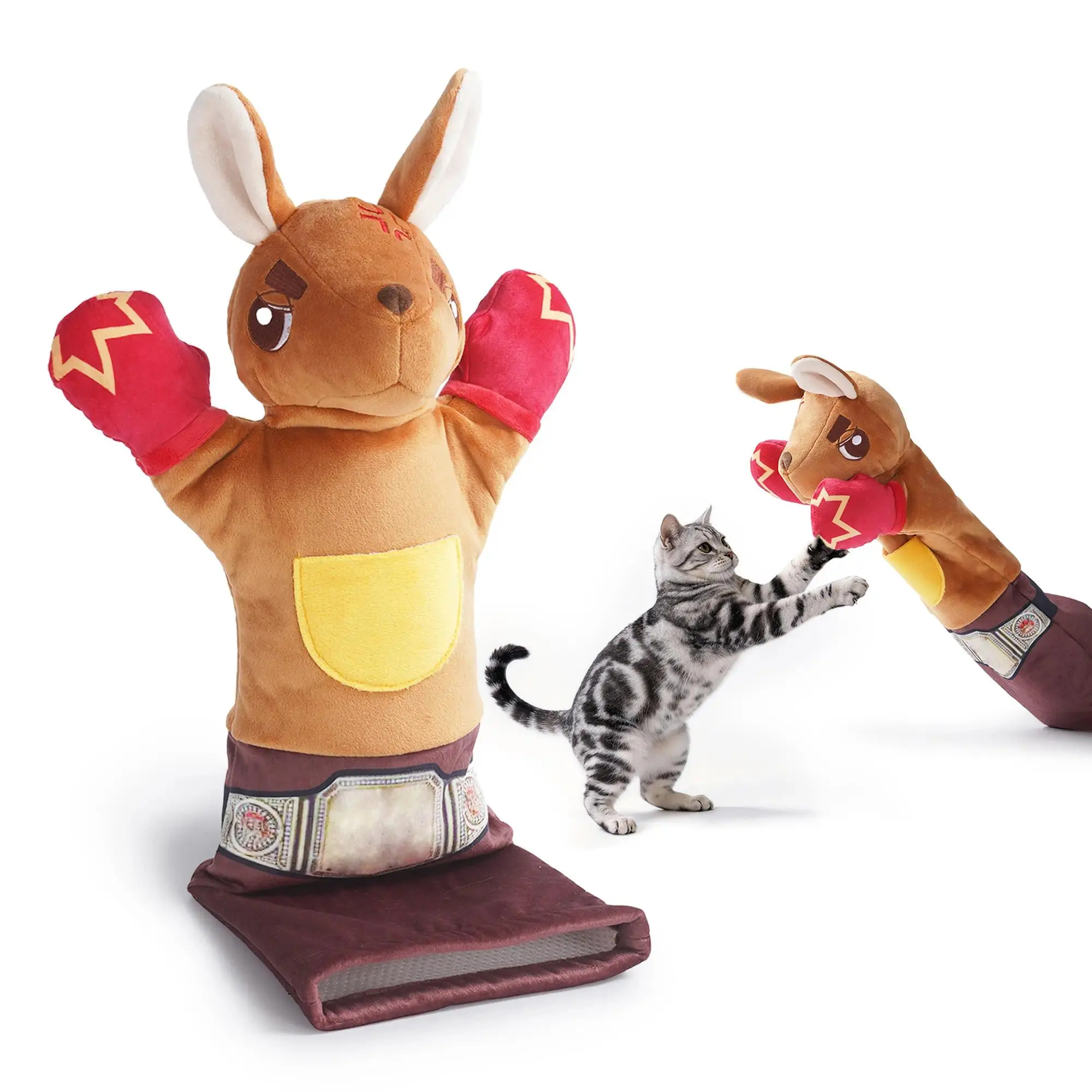 2PCS Rumble Roo Plush Cat Wrestling Toy, 22-Inch Animal Print Kangaroo Puppet with 5 Catnip Pouches & Treat Pocket, 3-Layer Resists Wear Reinforced Glove for Stress Relief & Bonding (All Cat Ages)