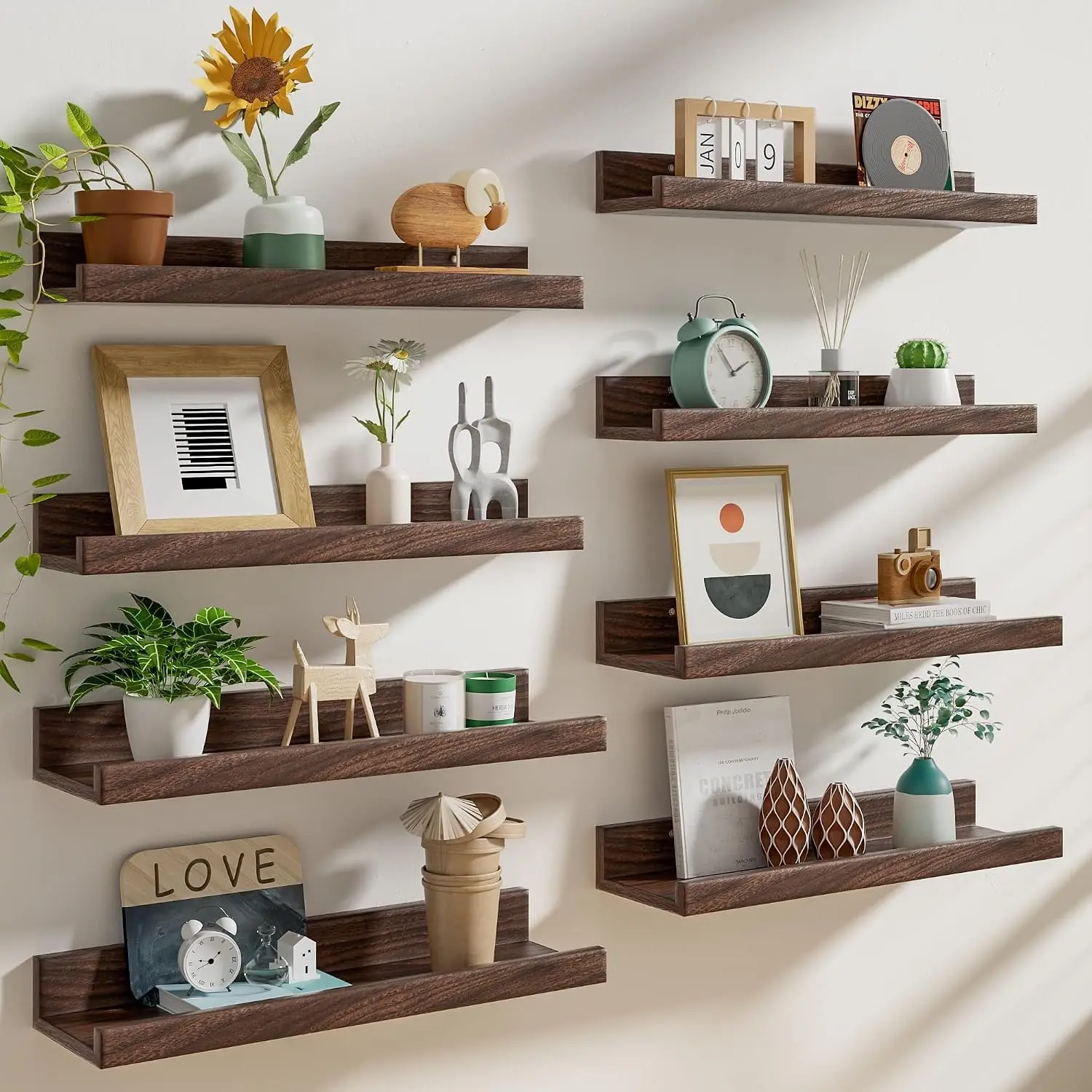 24 inch Picture Ledge Shelf Set of 8,Long Floating Shelves for Wall,Walnut Picture Shelf with Lip for Wall Decor,Living Room Bedroom Bookshelf Photo Frames Nursery Book Shelves for Storage
