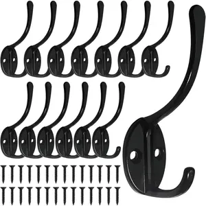 14 Pack Coat Hooks Wall Mounted with 28 Screws, Heavy Duty Black Towel Hooks Metal Double Hooks, No Rust Retro Rustic Wall Hooks for Hanging Towel, Coat, Scarf, Bag, Hat, Cup, Key