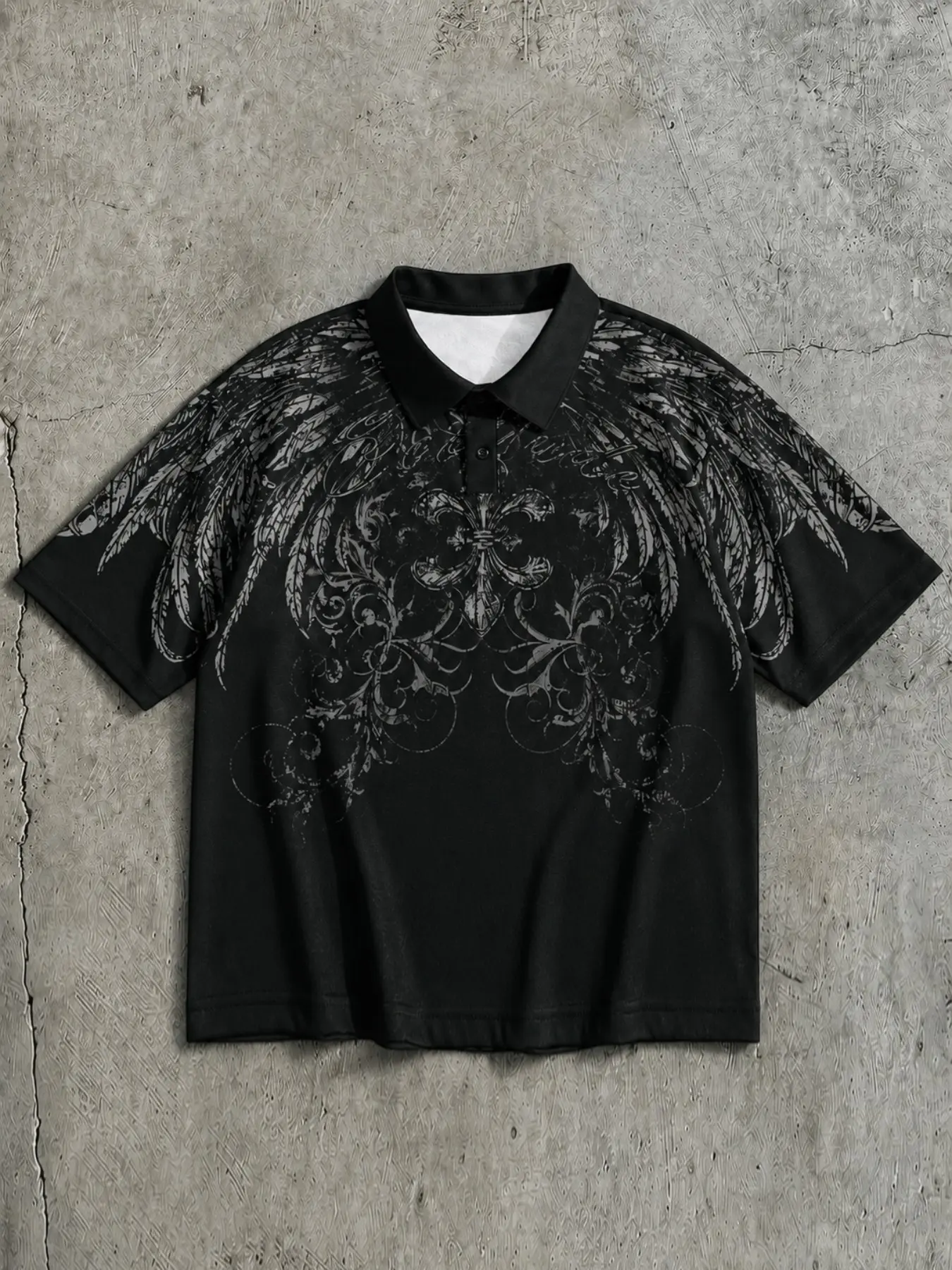 Men's Black Gothic Graphic Polo Shirt, Oversized Loose Short Sleeve Collared Top with Gray Skeleton Rib Cage and Wing Print, Retro Y2K Dark Streetwear for Summer, Campus Looks, Music Festivals, Parties, Photos, Casual Outings, and Alternative Styling