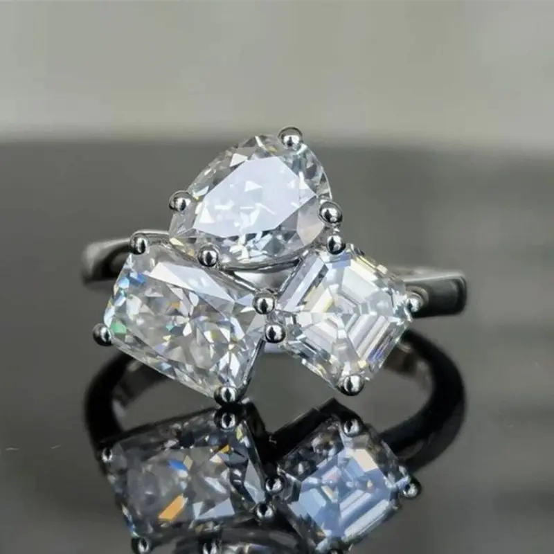 Three-stone combination zircon ring love rectangular multi-cut imitation diamond ring engagement banquet jewelry