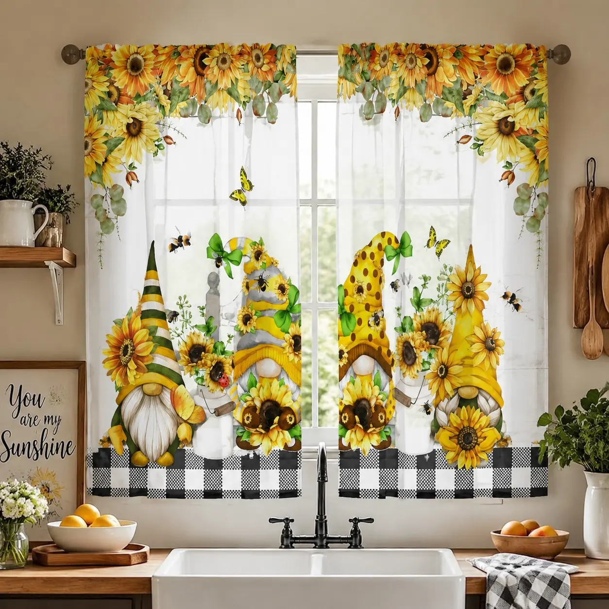 2-Pack Sunflower Fairy Semi-Transparent Curtains, Polyester Rod Pocket, Spring Print, Ideal for Kitchen, Living Room, Office, Bedroom