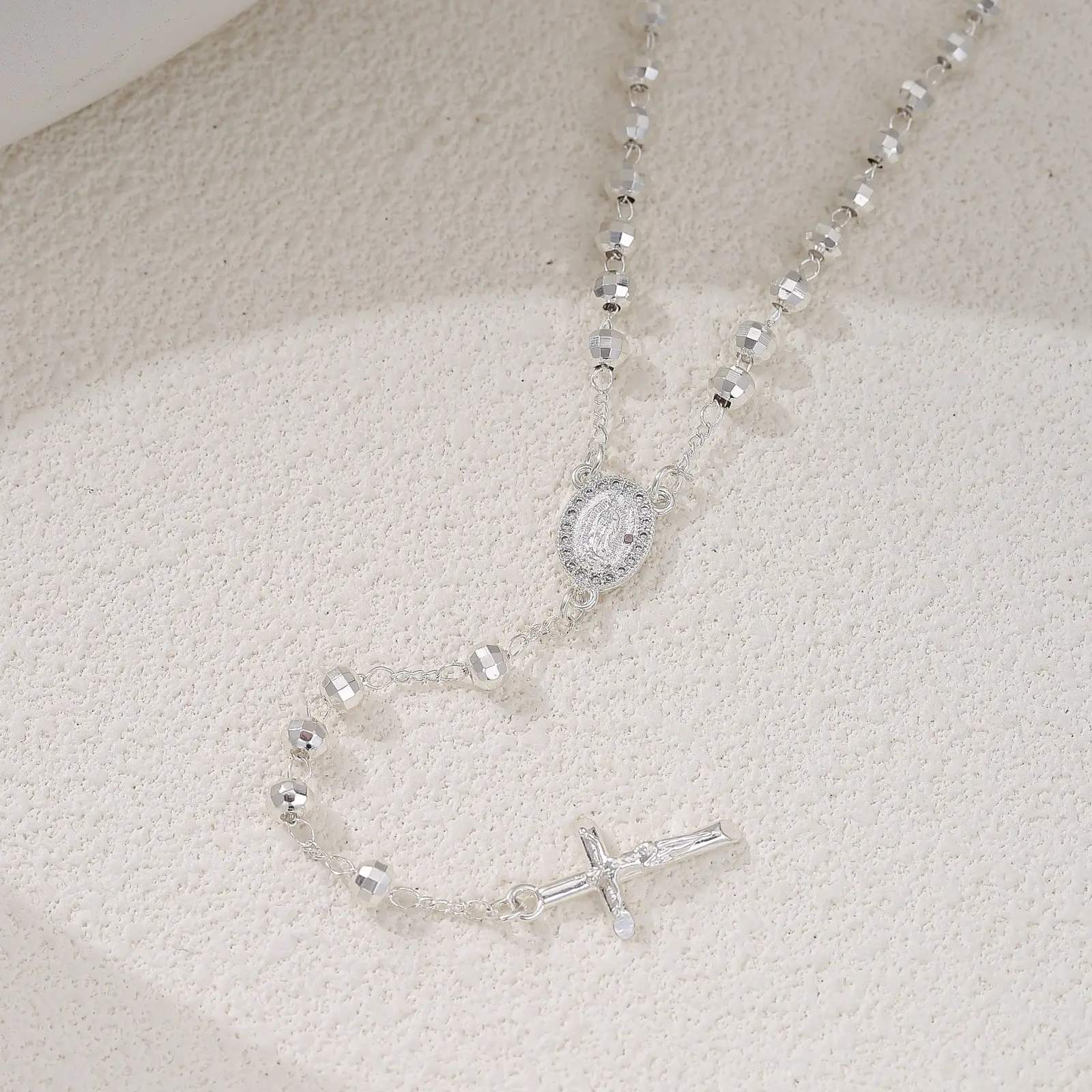 1Pc Silver Tone Faceted Beaded Catholic Rosary Necklace - CZ Virgin Mary Medal & Crucifix Cross Lariat Pendant Religious Faith Jewelry Gift Suitable For Women