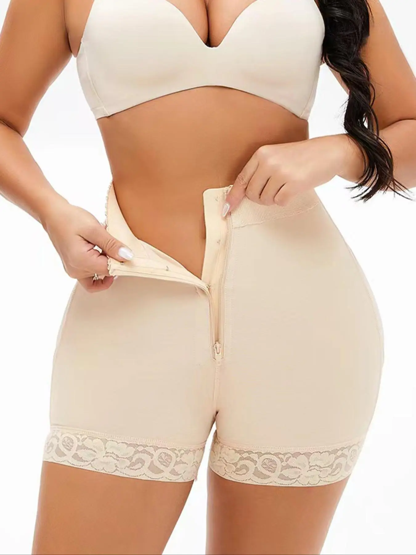 Women's High Waist Contrast Lace Corset Style Fajas Shapewear Panty, High Waisted Girdles, Tummy Control Butt Lifting Zipper Fly Shaper Bottom, High Stretch Shapewear Underwear for Daily Wear