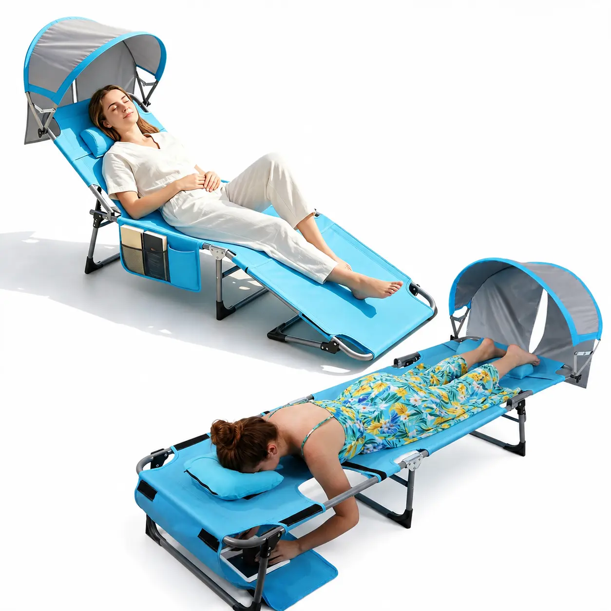 27'' Sun Tanning Chair with Canopy & Face Hole, 3-Position Folding Lay Out Lounge Chair, Portable Face Down Suntan Chair with Pillow, Beach Lounge Chairs for Outdoor Sunbathing Patio Pool Lawn