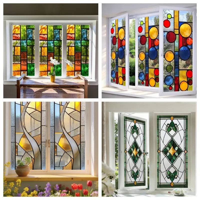 European Vintage Art Stained Glass Window Film, Frosted Static Cling Decorative Window Sticker, Colorful Privacy Glass Decal for Bathroom Bedroom Living Room Home Decor