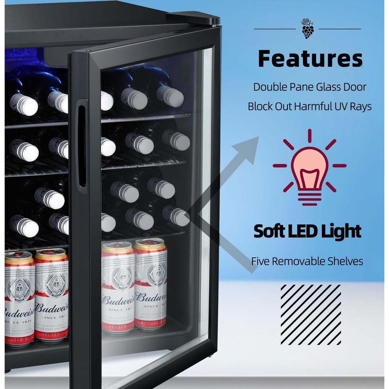 Kismile 24 Bottle Wine Cooler Beverage Refrigerator 2.5 Cu Ft Compact Mini Wine Cellar with Glass Door Quiet Operation Adjustable Temp Control Freestanding Design