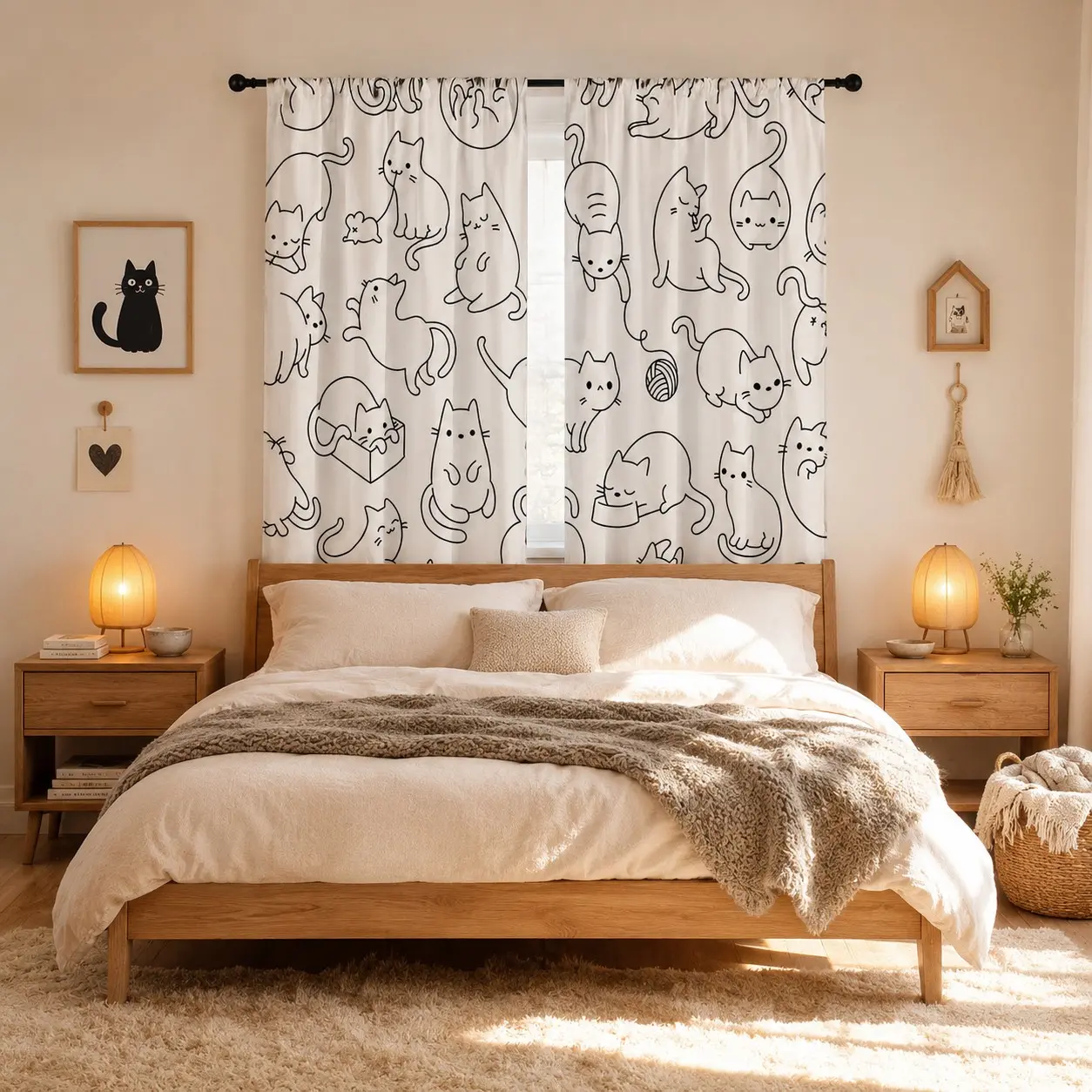 Two-Piece Cat Print Curtains, Off- Base with Hand-Drawn Cats, Cute and Playful, Suitable for Bedroom and Kids Room, Fresh and Cozy Atmosphere