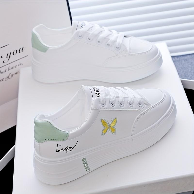 Women's Solid Color Casual Sneakers, Butterfly Print Lace-up Thick Sole Soft Sole Skate Shoes, Lightweight Fitness and Hiking Shoes travel  shoes heelys trending comfy running sneakers matching shoes