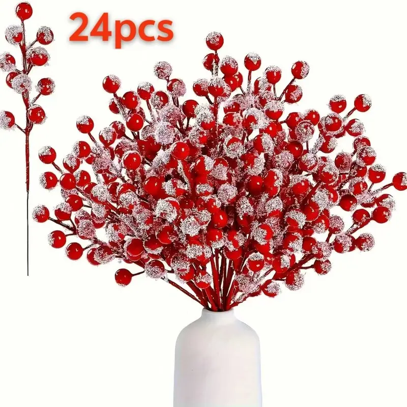 24pcs snow red berries Christmas tree decoration, Christmas red berries artificial flowers home living room kitchen decoration cutting accessories, artificial holly branches with spray suitable for DIY manual and home decoration.