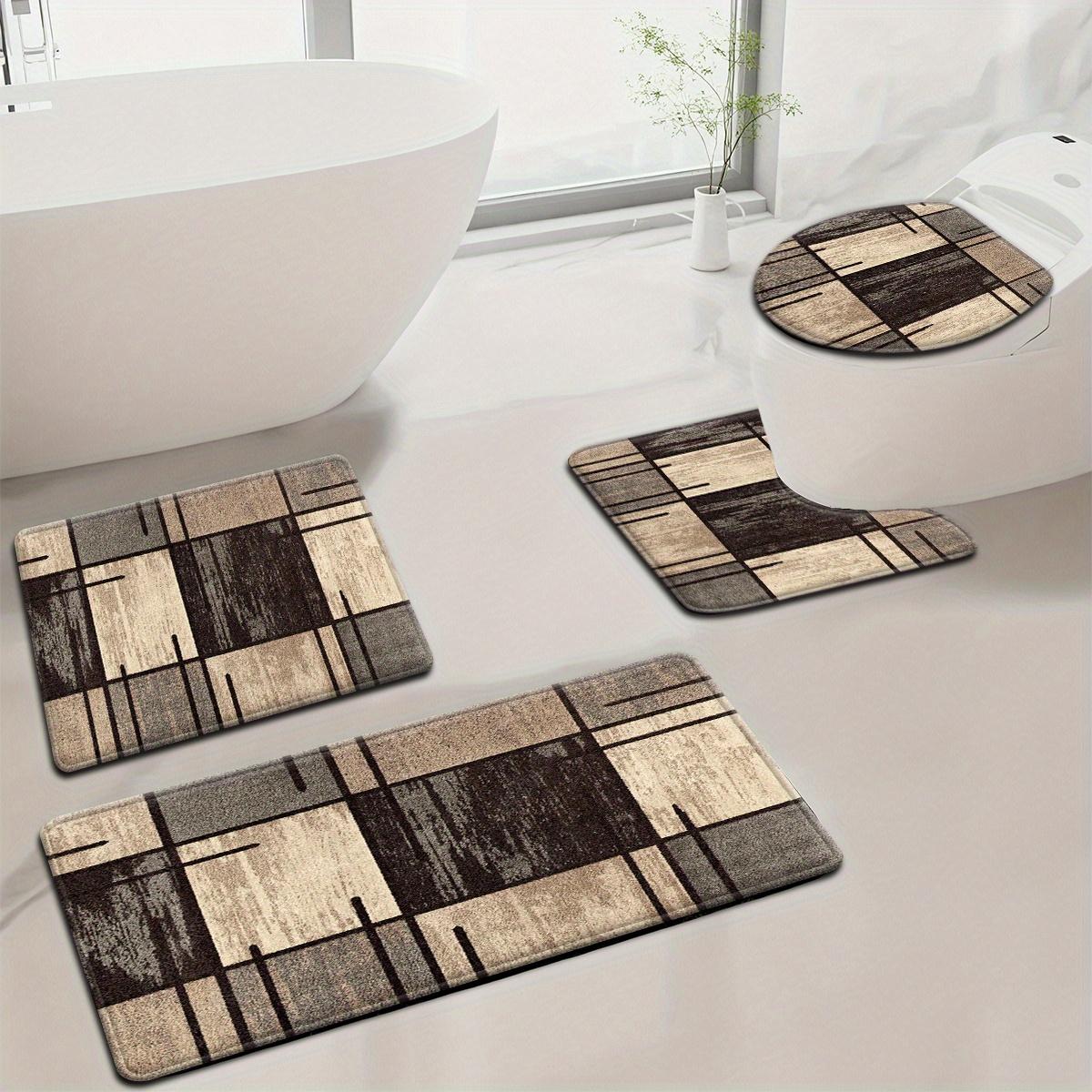 Bathroom Rug Set, Flannel Absorbent Non-Slip Bath Mats, Retro Geometric Grid Design, Washable Floor Mats for Tub, Shower, Toilet, U-Shaped Contour Mat & Lid Cover for Bathroom Decor