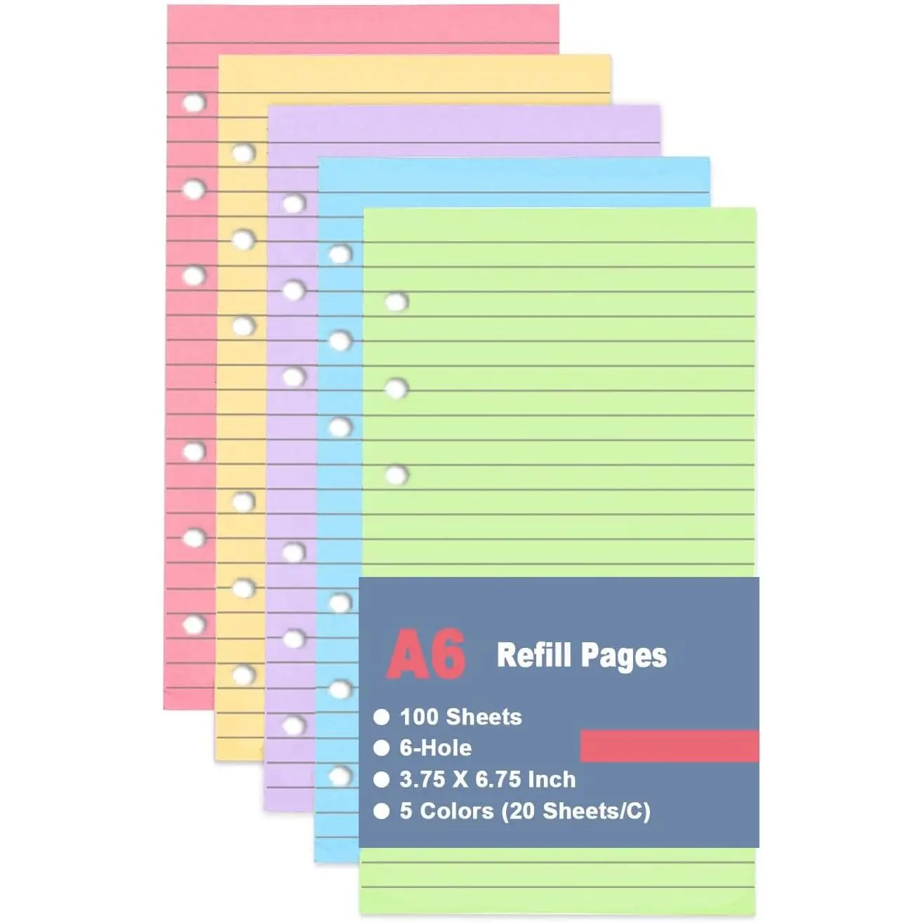 A6 Lined Paper Refill 6 Ring, A6 Filler 5 Colorful Line Paper Filofax Personal Binder Planner, 100gsm Ruled Pages, 100 Sheets/200 Pages, Per Color 20 Sheets, 3.75 x 6.75 In