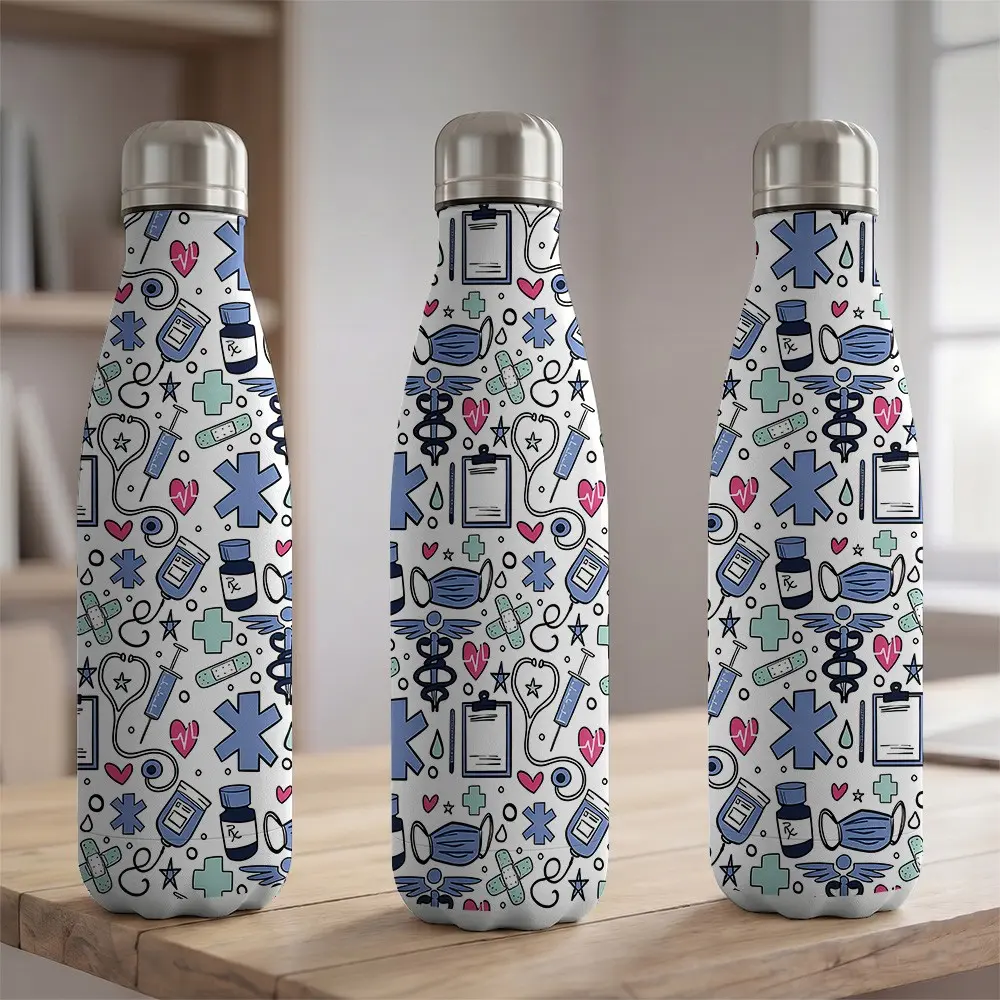 1pc 17oz Stainless Steel Vacuum Insulated Water Bottle 500ml Cola Bottle Shaped Sports Flask with Cute Cartoon Nurse Doctor Medical Pattern Portable Travel Mug for Car Camping Hiking Gift for Medical Workers