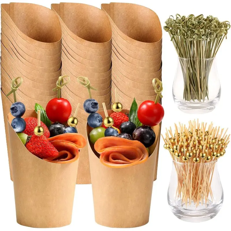 50 Pcs Charcuterie Cups with Skewers, 12 Oz Paper Snack Appetizer Cups |   Disposable Popcorn Cones with Cocktail Picks, French Fry Holder Brown Kraft Boxes, Party Board Favor(50 Cups + 200 Sticks)