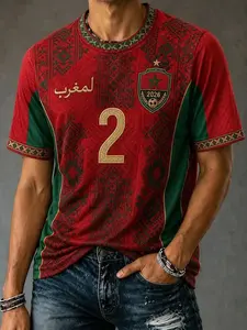 2026 Morocco Football Fan Men's 3D Print T-Shirt, Vintage Ethnic Design, Short Sleeve Round Neck, Breathable Summer Top, Unisex