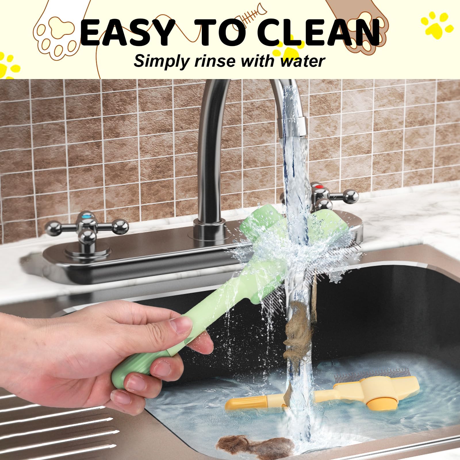 Pet Hair Removal Comb with Release Button for Cats and Dogs, De-Shedding Brush with Long & Short Stainless Steel Teeth for Efficient Hair Removal