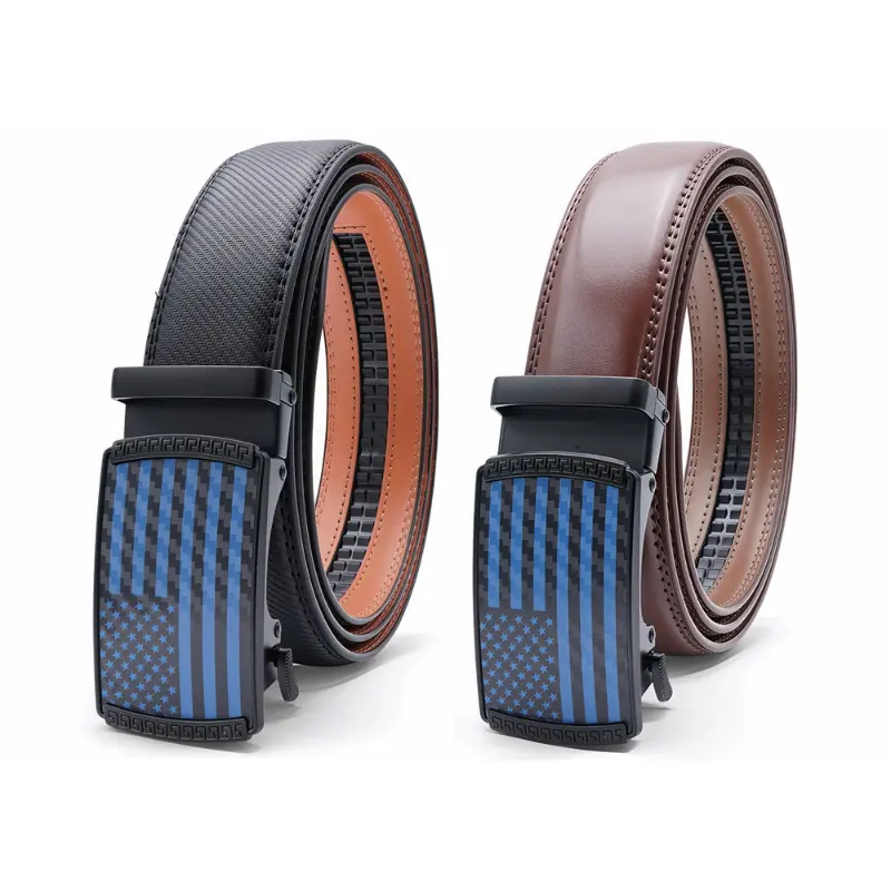Men's Genuine Leather Automatic Ratchet Belt with American Flag Pattern Buckle, Premium Adjustable No-Hole Black Dress Strap for Jeans and Suits, Comfortable Casual Leather Belt for Men, High-End Business Accessories Gift