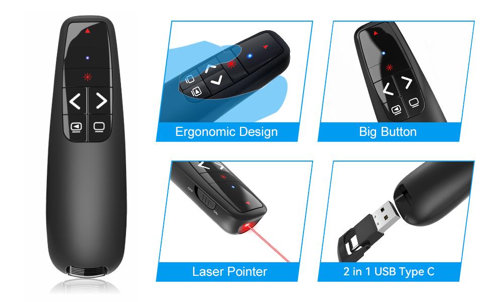 Wireless Presentation Clicker PowerPoint Presenter Remote : USB Type C Clicker with Red Laser Pointer Long Range PPT Control -Power Point Google Slide Advancer for Mac Laptop PC Computer Keynote