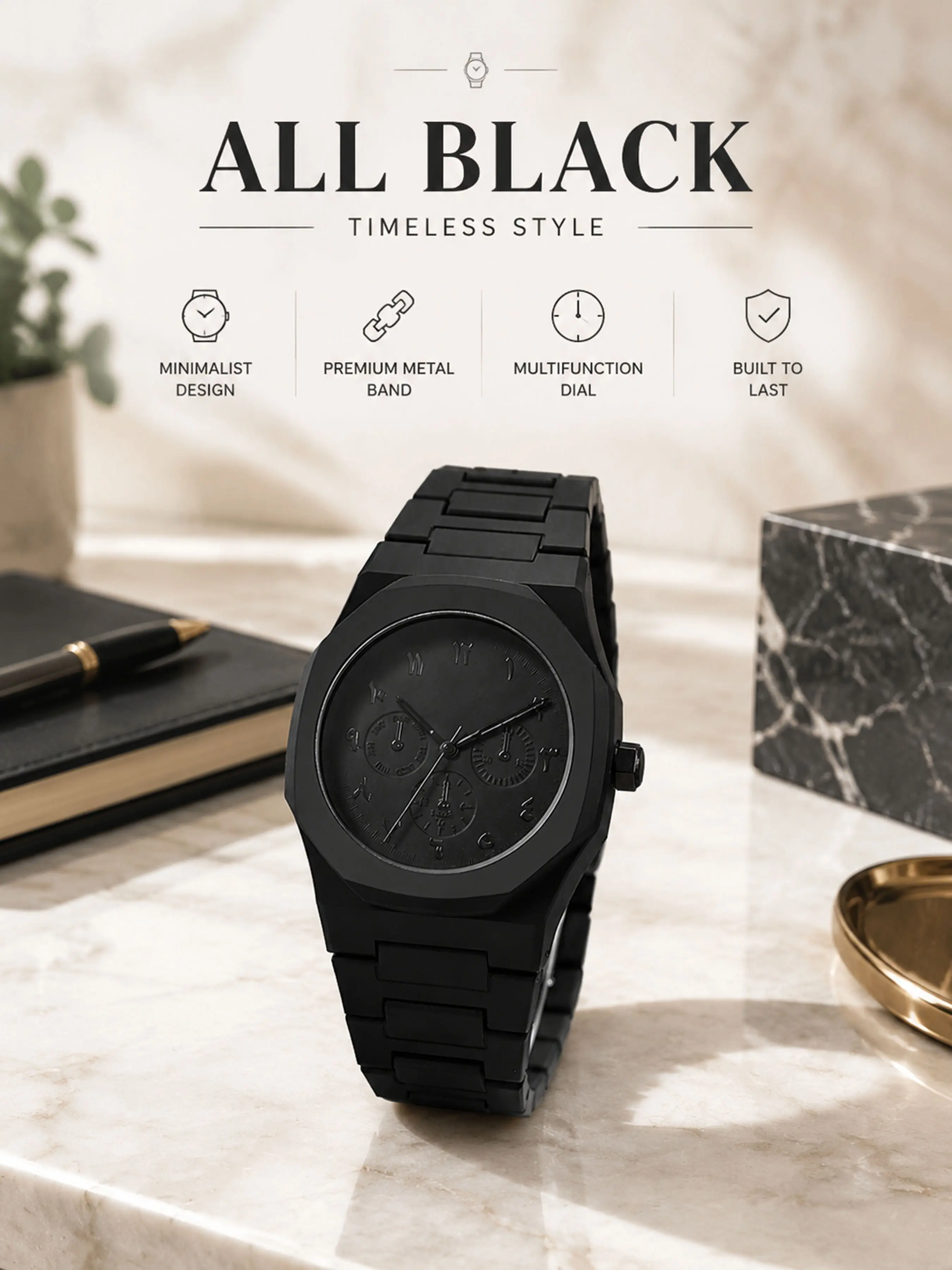 Men's All Black Analog Quartz Watch, Minimalist Stainless Steel Band Wrist Watch, Modern Fashion Watch for Men