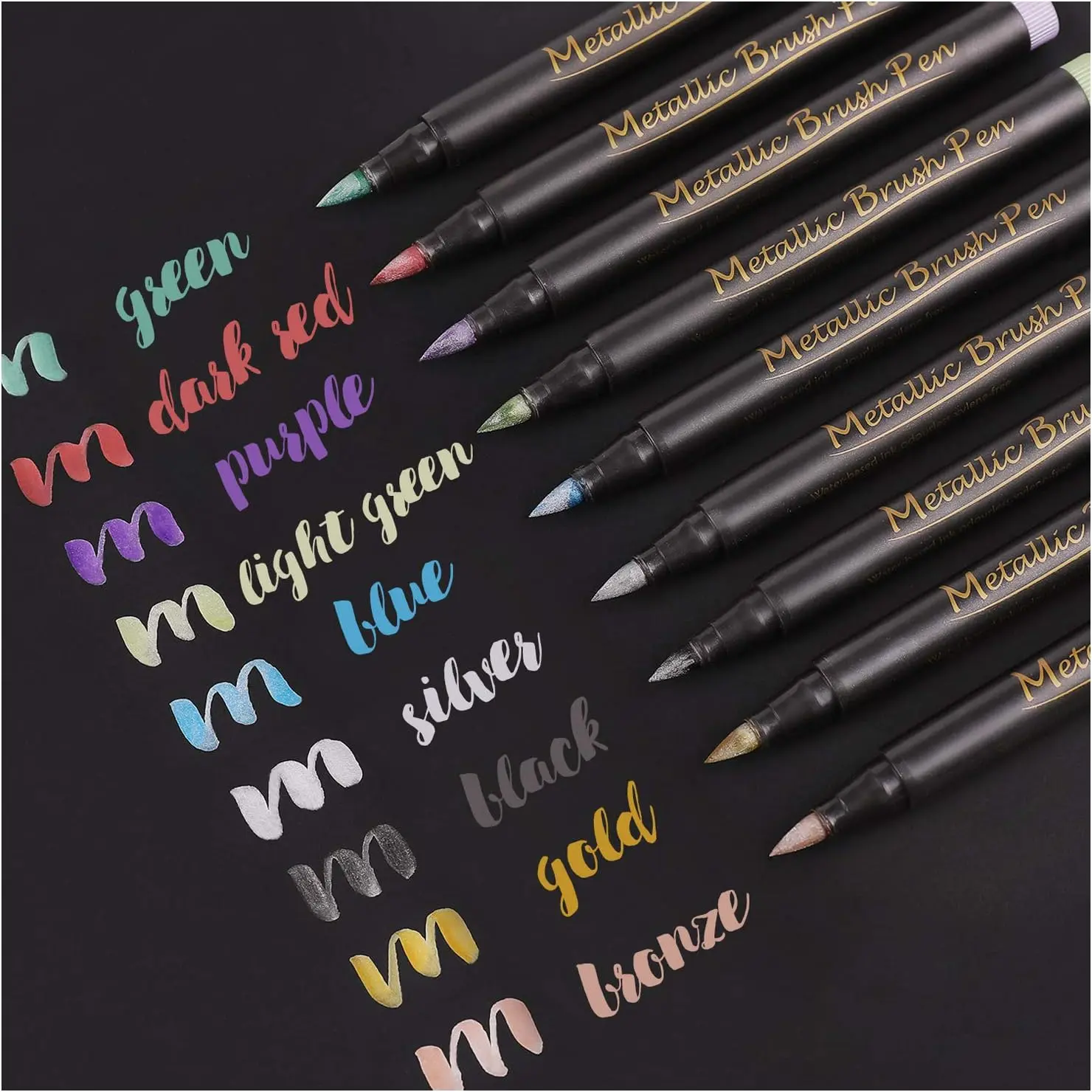 Metallic Brush Marker Pens - Metallic Pens Art Markers for Calligraphy, Brush Lettering, Black Paper, Rock Painting, Card Making, Scrapbooking, Fabric, Metal, Ceramic,  Glass, Set of 9