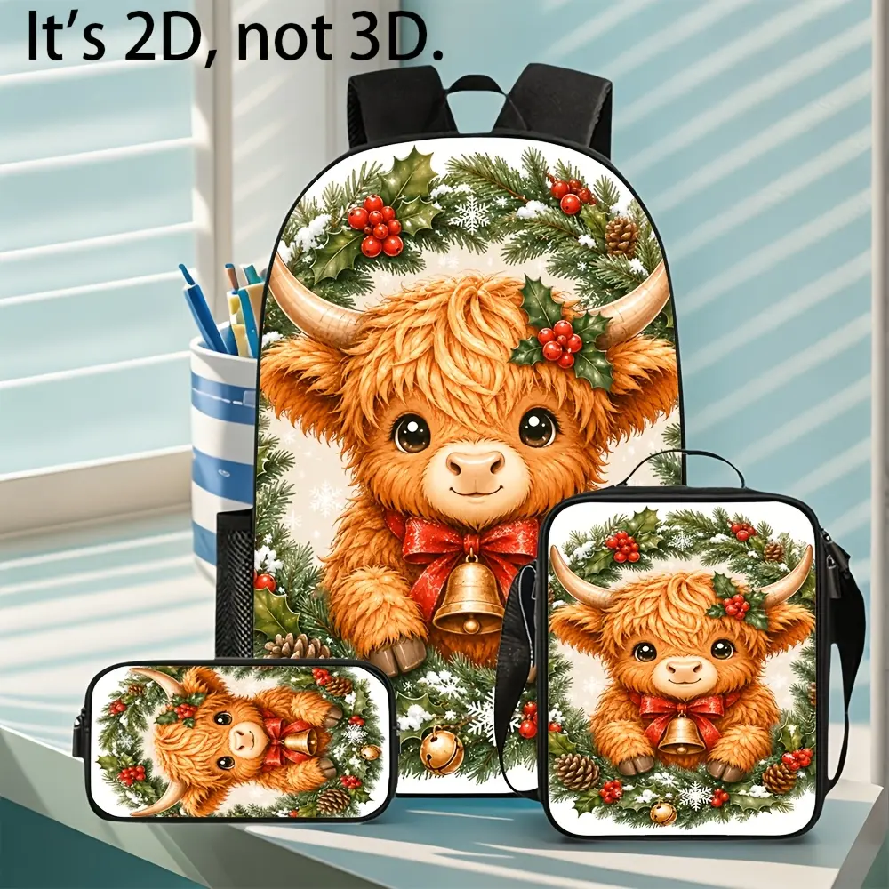 Women's 3-Piece Cute Highland Cow Christmas Wreath Pattern Casual Backpack Set - Large Capacity, Lightweight, Holiday Gift Idea, Trendy Daily Use Cow Pattern Backpacks, Water Resistant