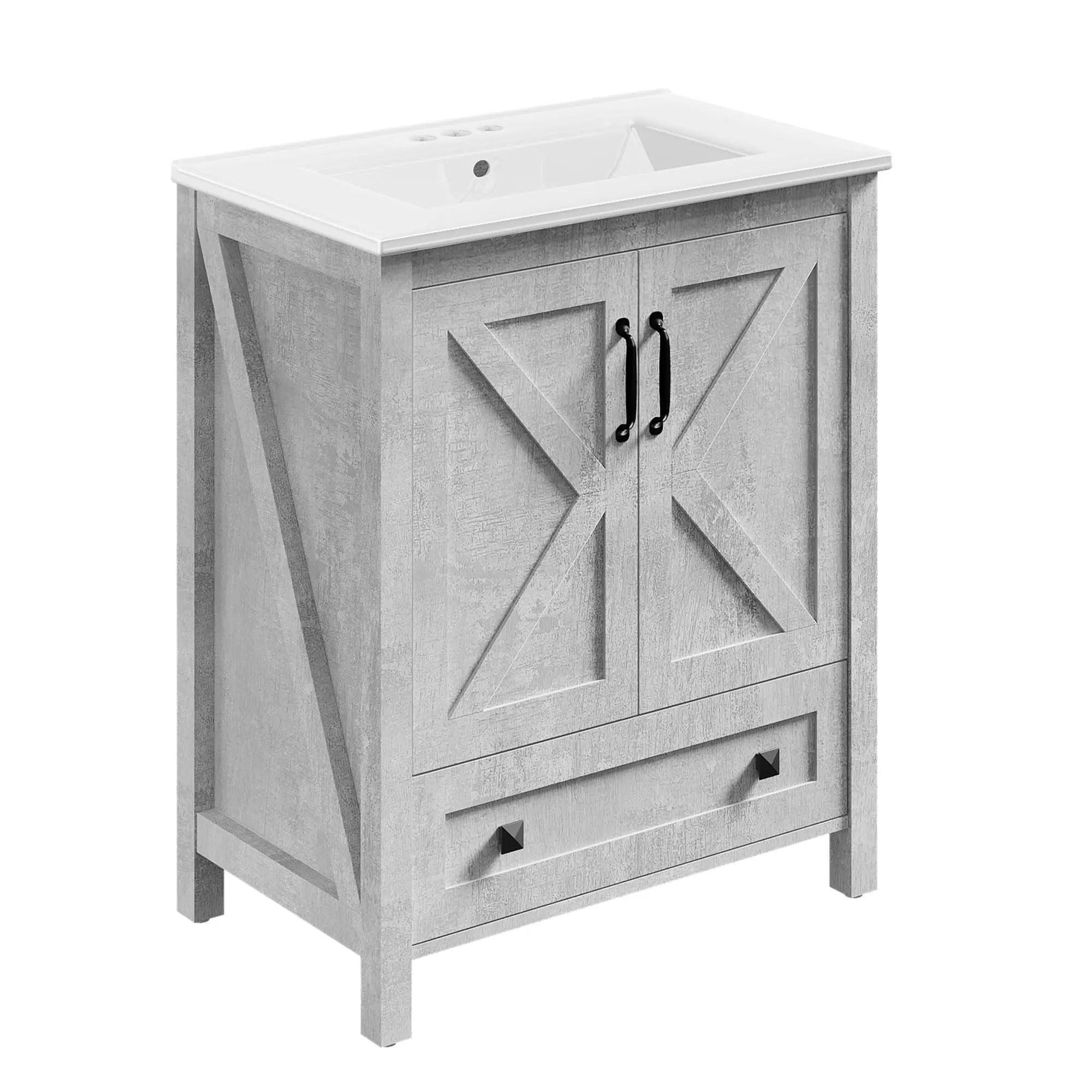 Sleek Modern Bathroom Vanity with Ceramic Basin - Waterproof Freestanding Cabinet, 2 Doors & Drawer - Easy Assembly, Pre-Drilled Holes - 30 Inches