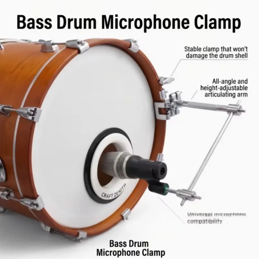 Drum Bass Drum Microphone Stand, Adjustable Metal Mount, Compact Design, Ideal for Stage & Recording, Compatible with Most Small Instruments