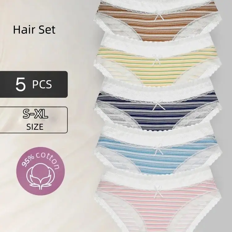 Women's Pack of 5 Mid Rise Brief Panties, Cotton Blend with Striped Lace Trim, Soft, Breathable for Daily Wear, Breathable Care
