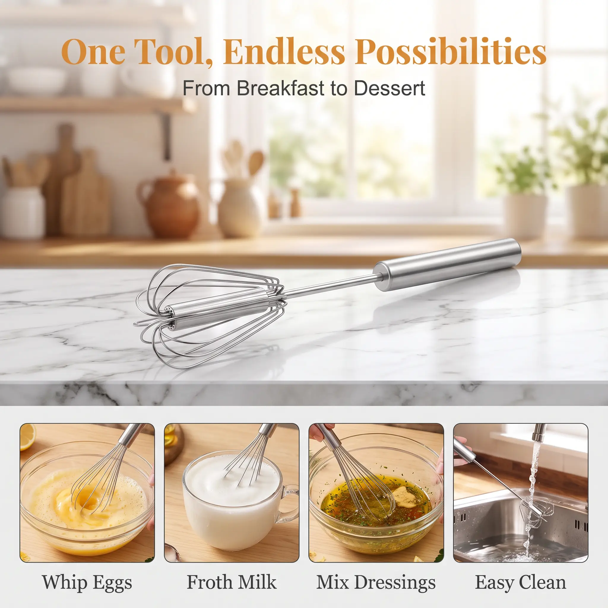Food Grade Stainless Steel Hand Push Rotary Whisk, Rustproof Semi-Automatic Egg Beater with Riveted Structure, Easy to Clean Mixing Tool for Whisking, Beating & Cooking Stirring