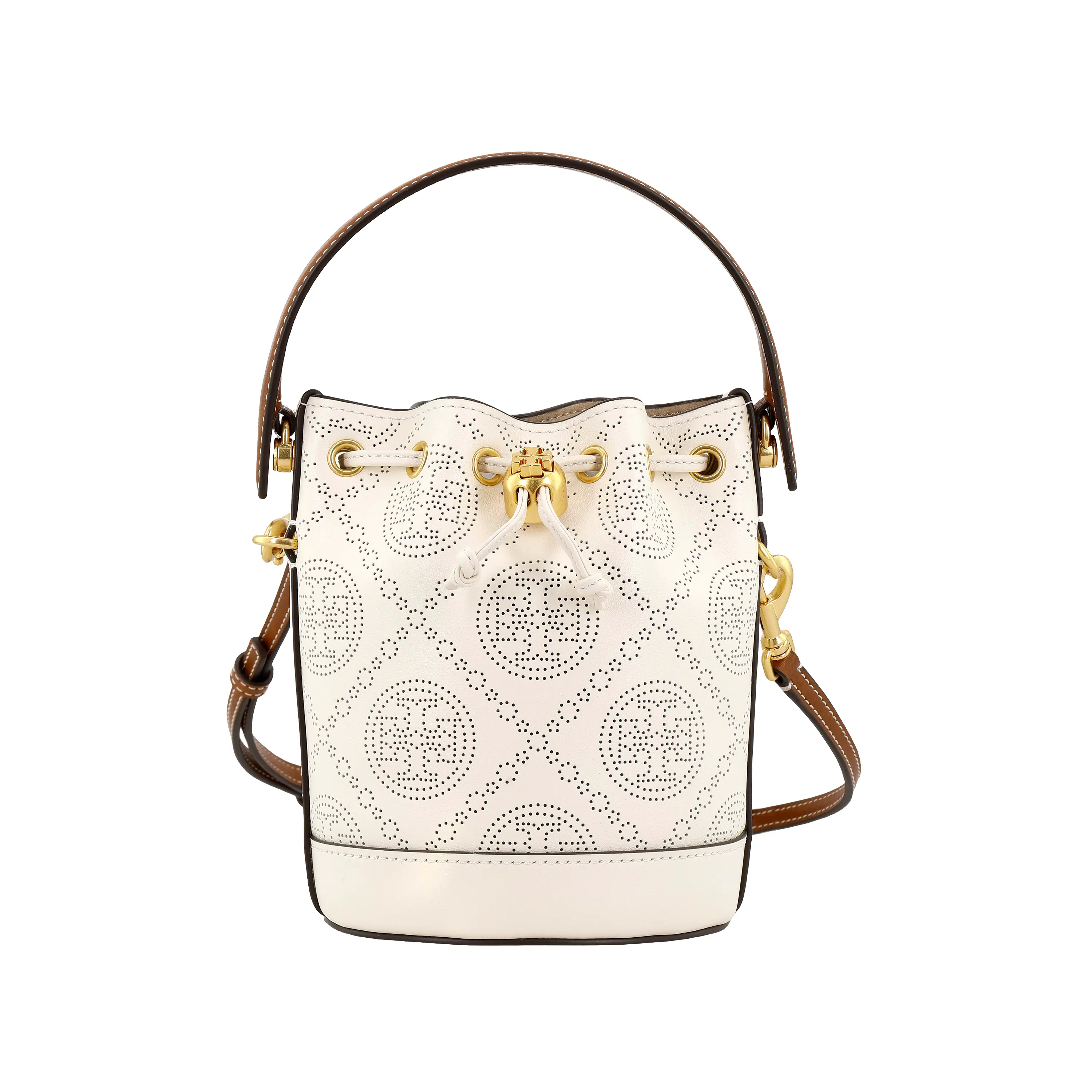 Tory Burch T Monogram Leather Bucket Bag for Women – Mini Drawstring Top with Double-T Metal Logo, Ivory