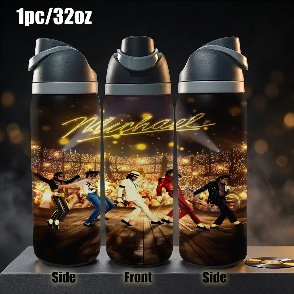 1pc 32oz Michael Jackson Themed 304 Stainless Steel Insulated Water Bottle Dual-use Bounce Lid Travel Tumbler