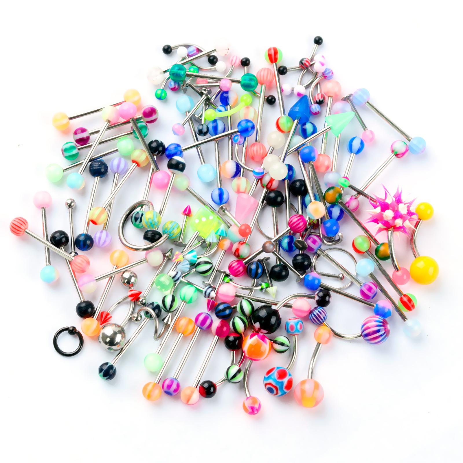 316L Stainless Steel Mixed Style Body Piercing Jewelry Set with Case, Colorful Nose Rings Tongue Rings Eyebrow Rings, Hypoallergenic Piercing Kit for Women Men