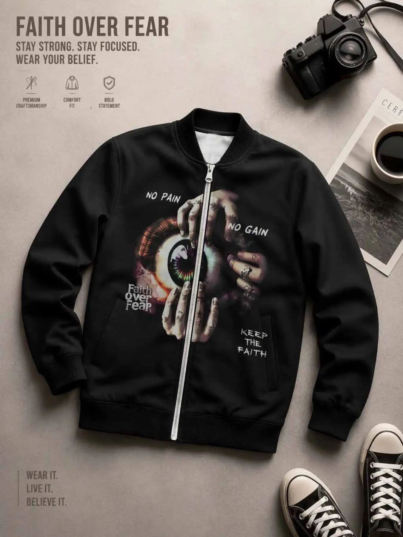 Men's Full-Zip Bomber Jacket, Vintage Gothic Letter Baseball Collar Windproof Coat, Dark Surreal Streetwear for Fall Winter