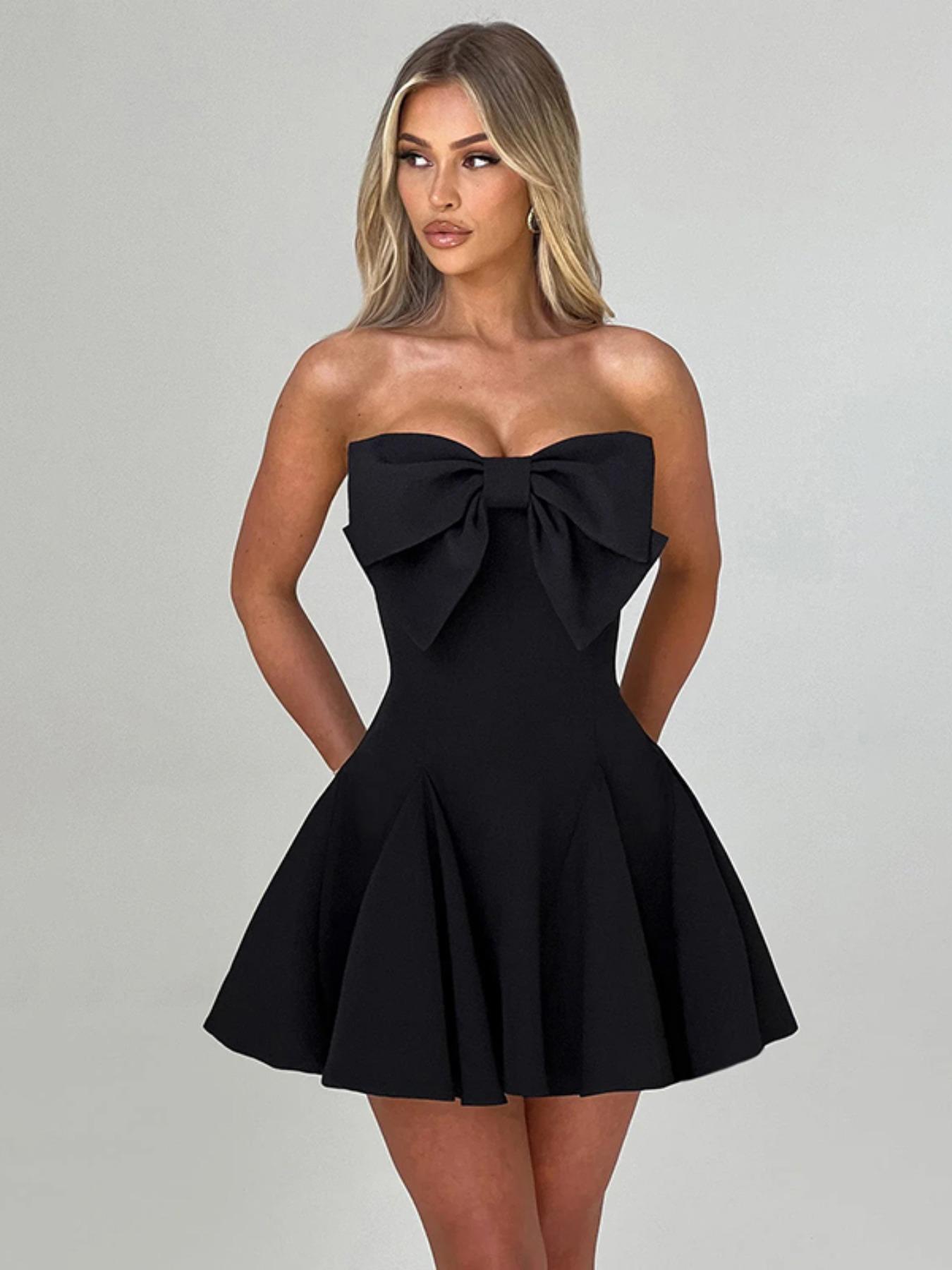 Women's Bow Decor Backless Tube Short Fitted Dress, Fashion Casual Strapless Sleeveless Fit and Flare Dress for Daily Outdoor Wear, Women Dress for Spring Fall