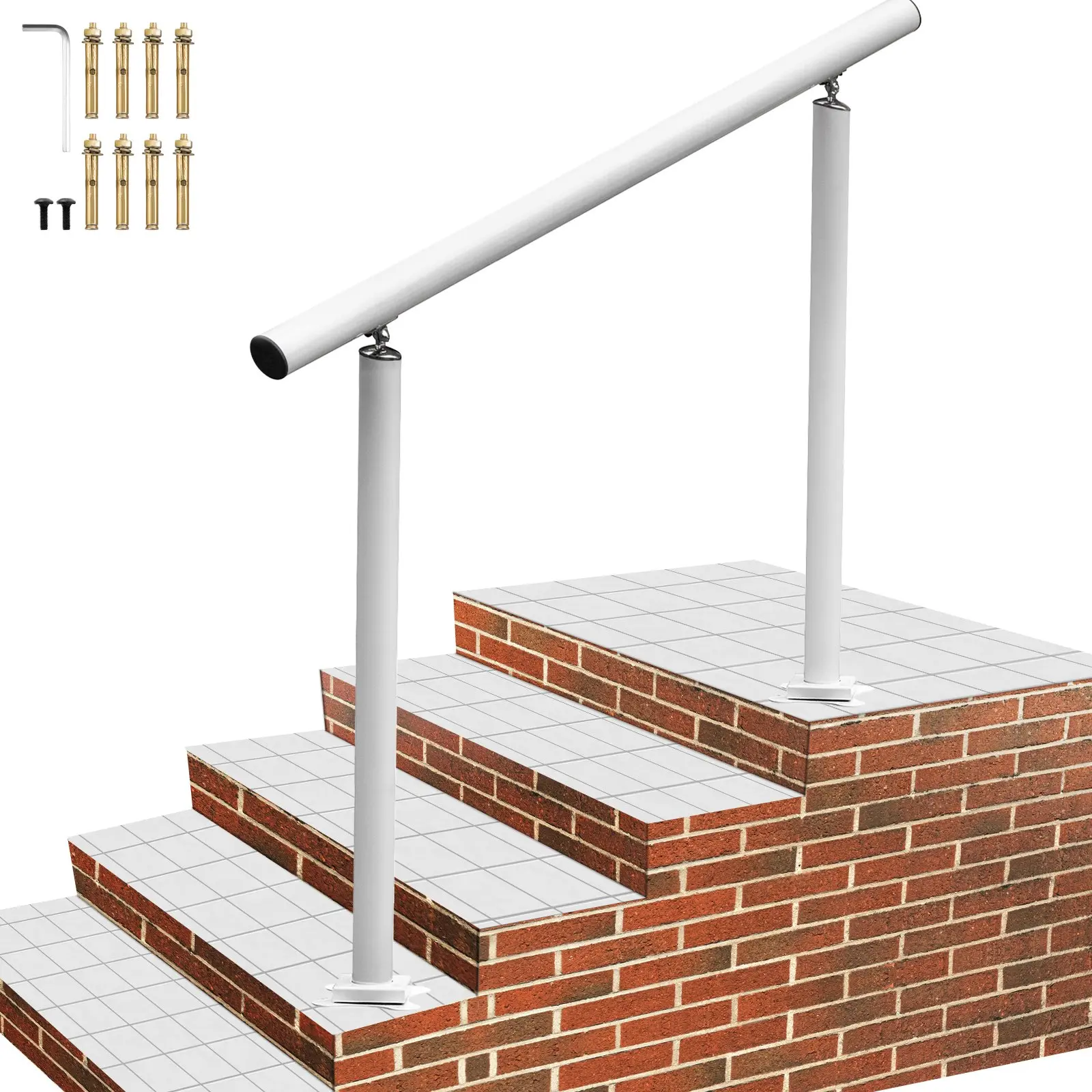 VEVOR 4 FT Residential & Commercial Outdoor Stair Railing Kit - 1x 0.2"/5 mm Thickened White Aluminum Handrail, Adjustable Angle, 165 lbs/75 kg Capacity, Simple Installation, for 1-4 Steps, Elderly, Gardens, Includes 1x Allen Wrench, 4Ft Length